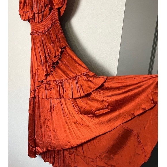 ULLA JOHNSON 70s Silk Tiered Ruffle Smocked Off Shoulder Sleeveless Maxi Gown 0 - Picture 8 of 12